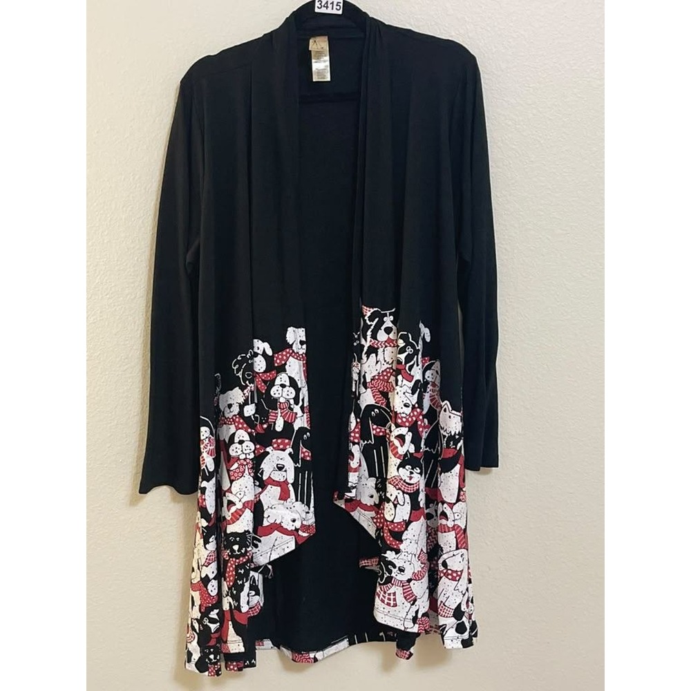 A Walk in the Park Black Dog Print Open Front Cardigan XL Long Sleeve Novelty